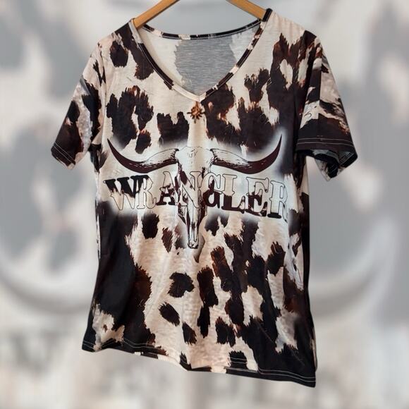 Wrangler Cowhide Graphic Tee Women’s XL Brown Western Boho Rodeo Top - Picture 1 of 5